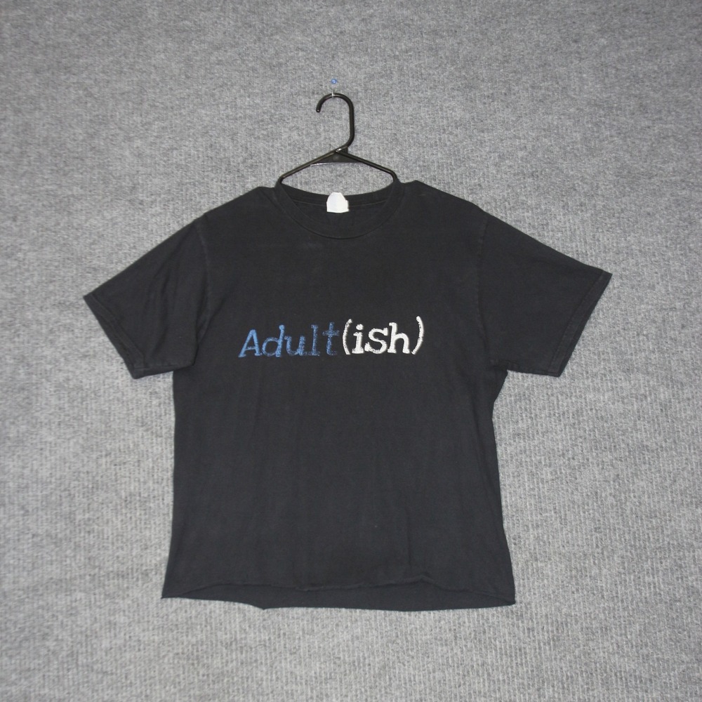 Port & Company Adultish Graphic T Shirt Women M Black Short Sleeve Raw Hem Funny